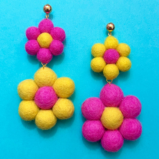 Large Pink & Yellow Wool Felt Flower Drop Earrings