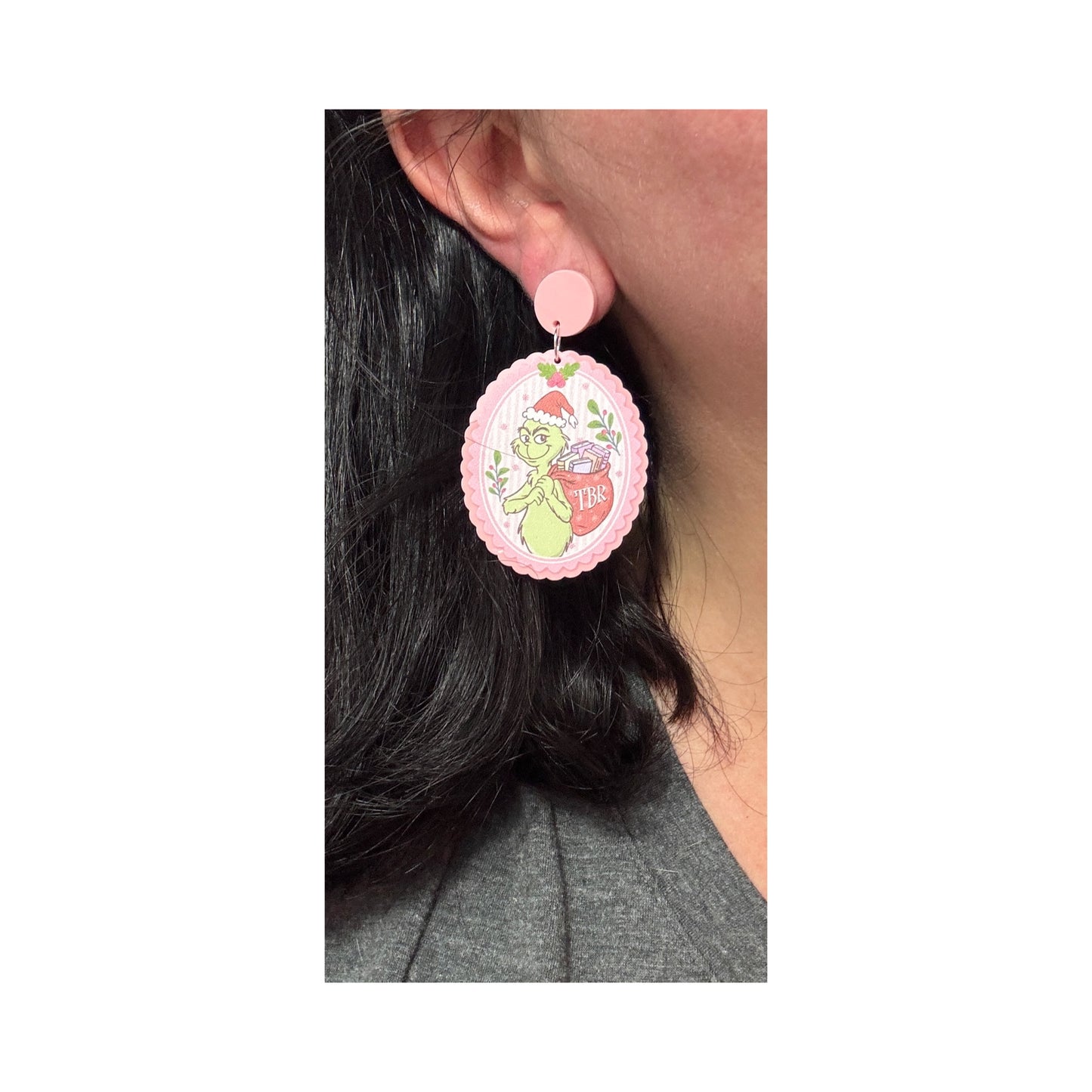 Pink Bookish Grinch Cameo Drop Earrings