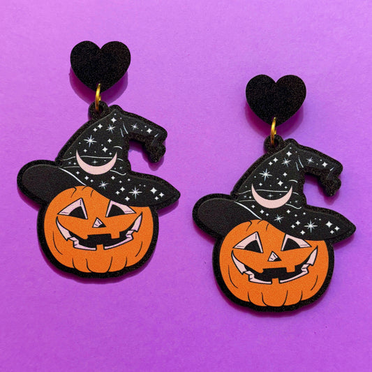 Witchy Jack-O-Lantern Drop Earrings