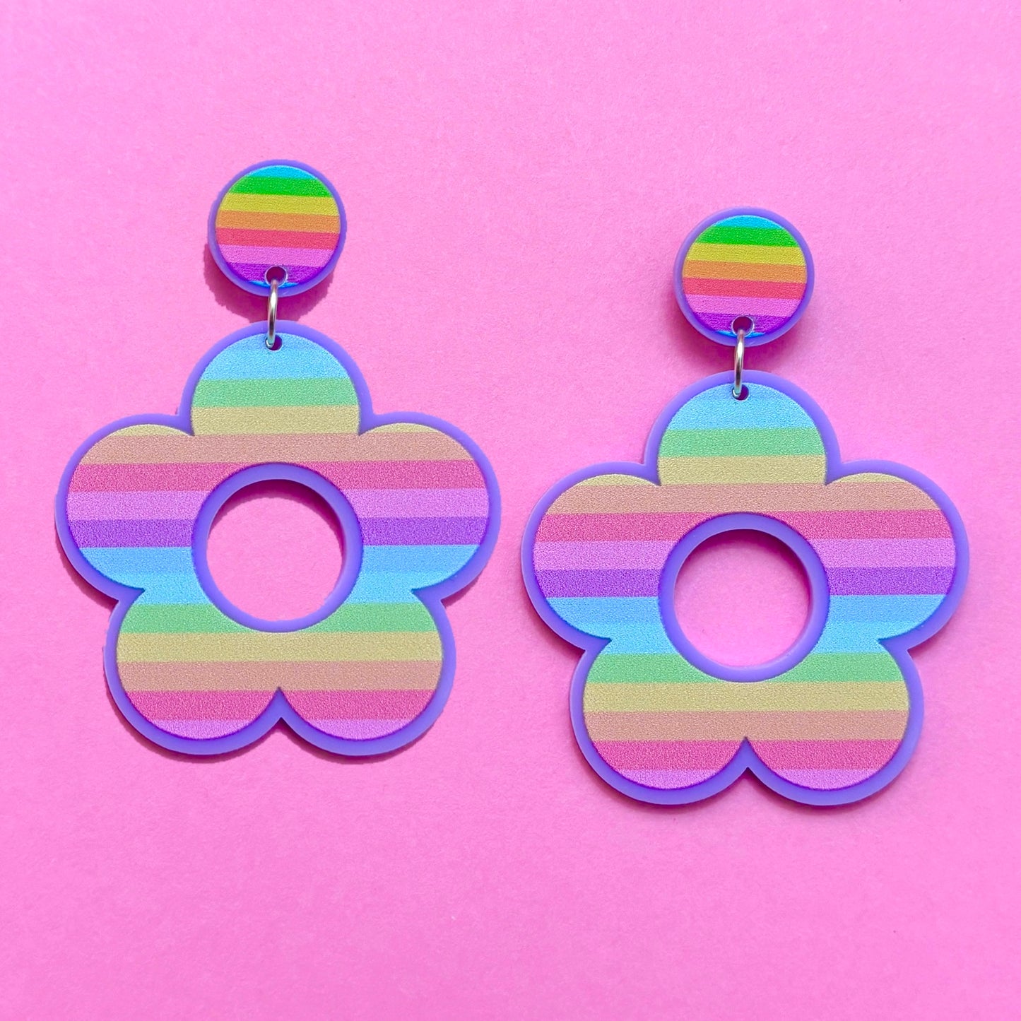 Pastel Rainbow Stripe Retro Flower Acrylic Drop Earrings