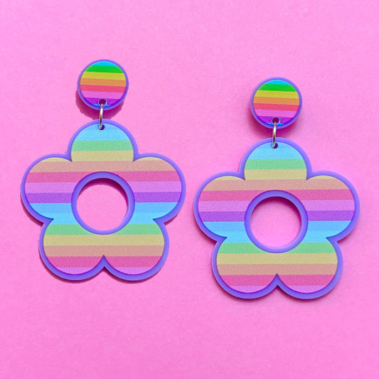 Pastel Rainbow Stripe Retro Flower Acrylic Drop Earrings