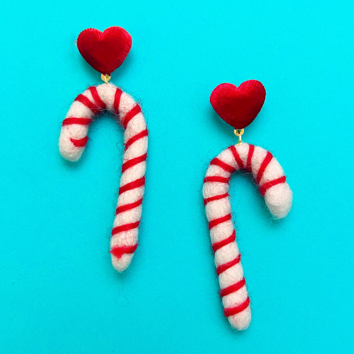 Red & White Heart & Candy Cane Wool Felt Drop Earrings