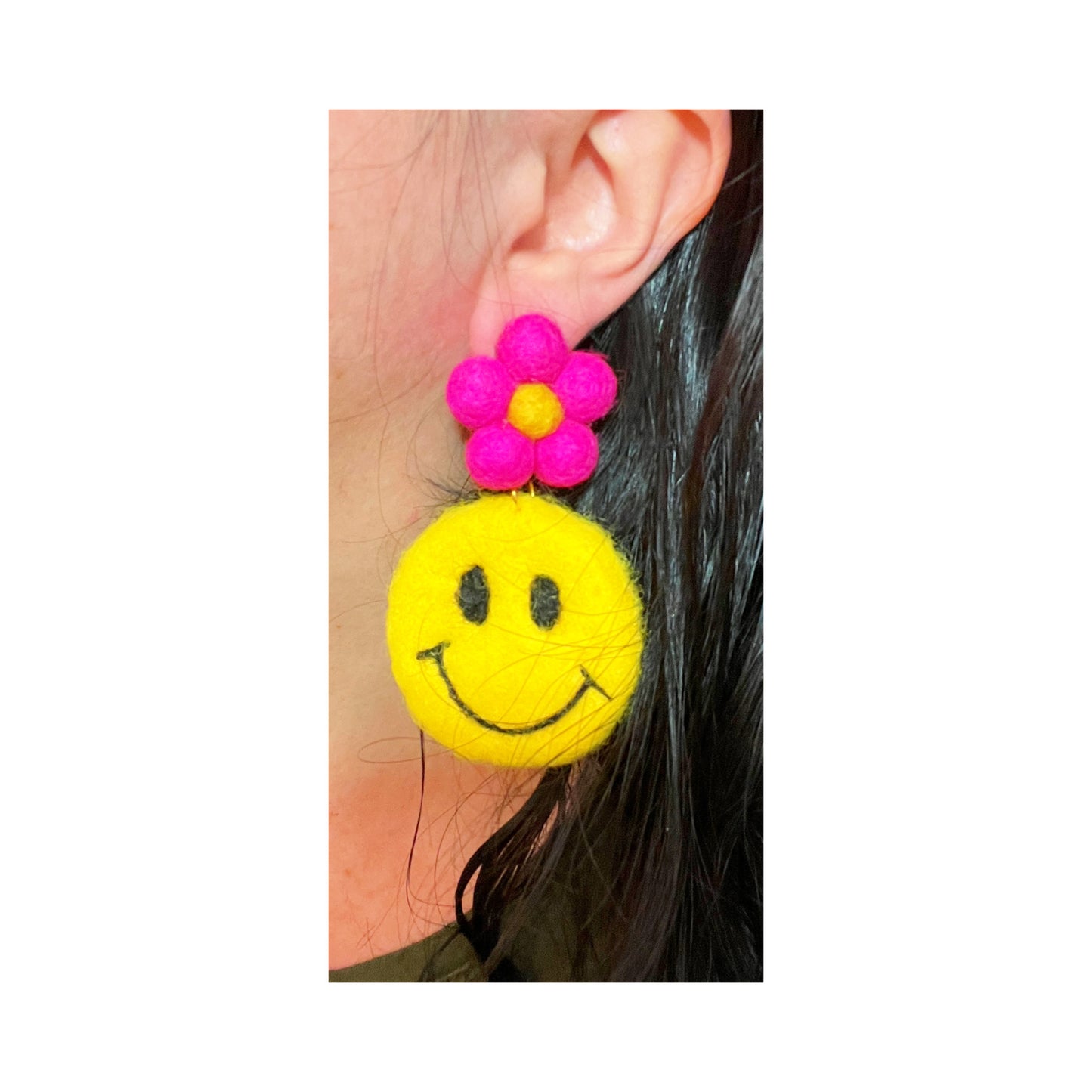Pink Flower Smiley Wool Felt Drop Earrings