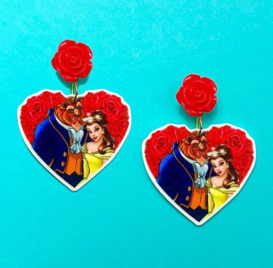 Belle & Beast Heart Rose Drop Earrings
