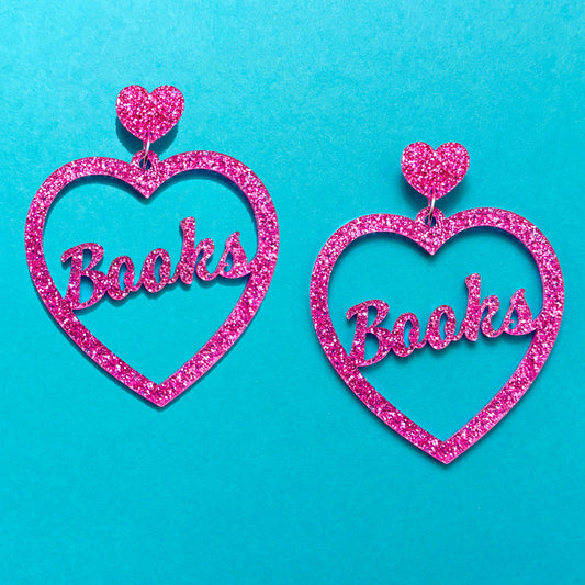 Pink Glitter Books Heart Drop Earrings