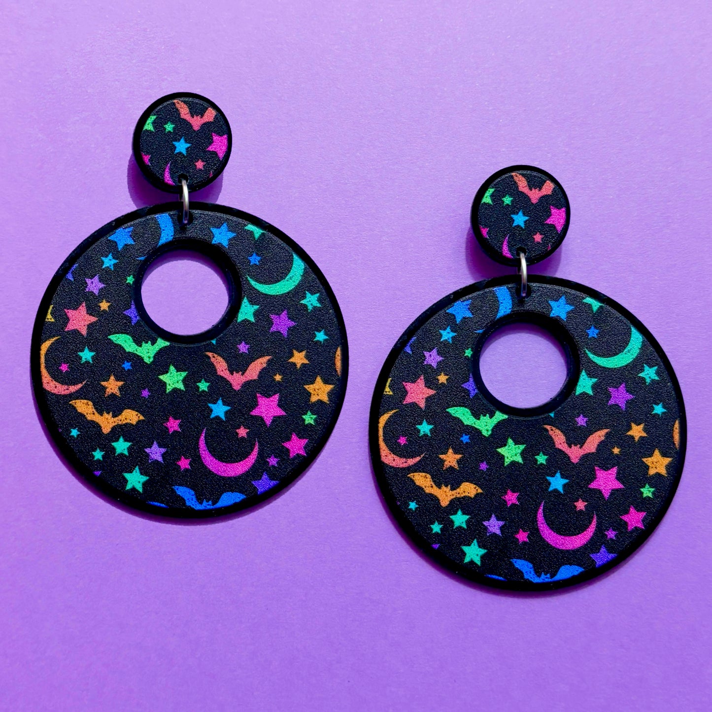 Neon Bat Print Round Drop Earrings