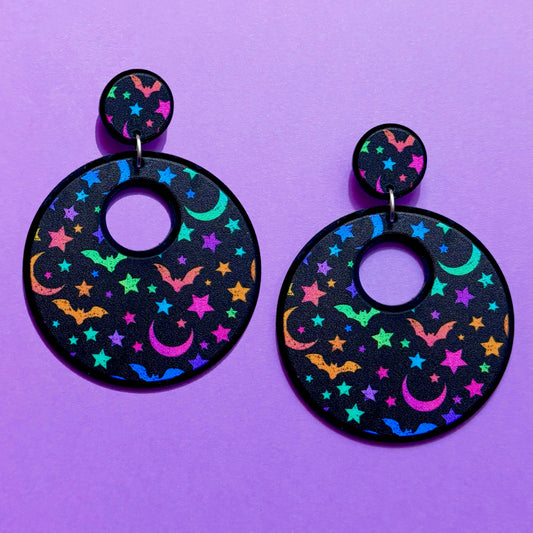 Neon Bat Print Round Drop Earrings