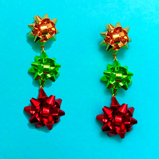 3 Tier Christmas Bow Drop Earrings