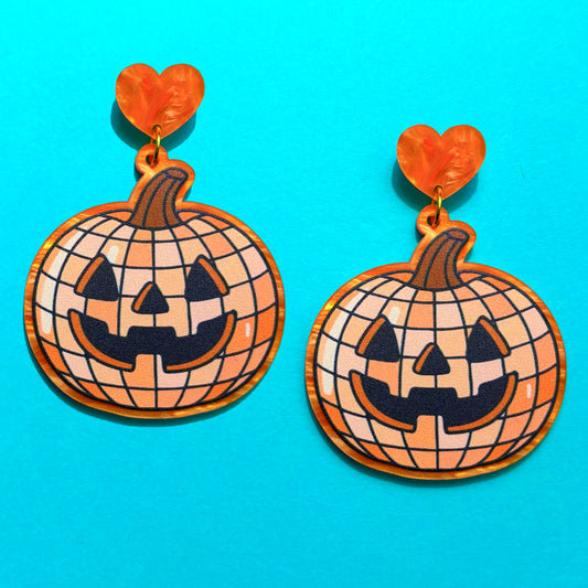 Jack-o’-lantern Disco Ball Drop Earrings