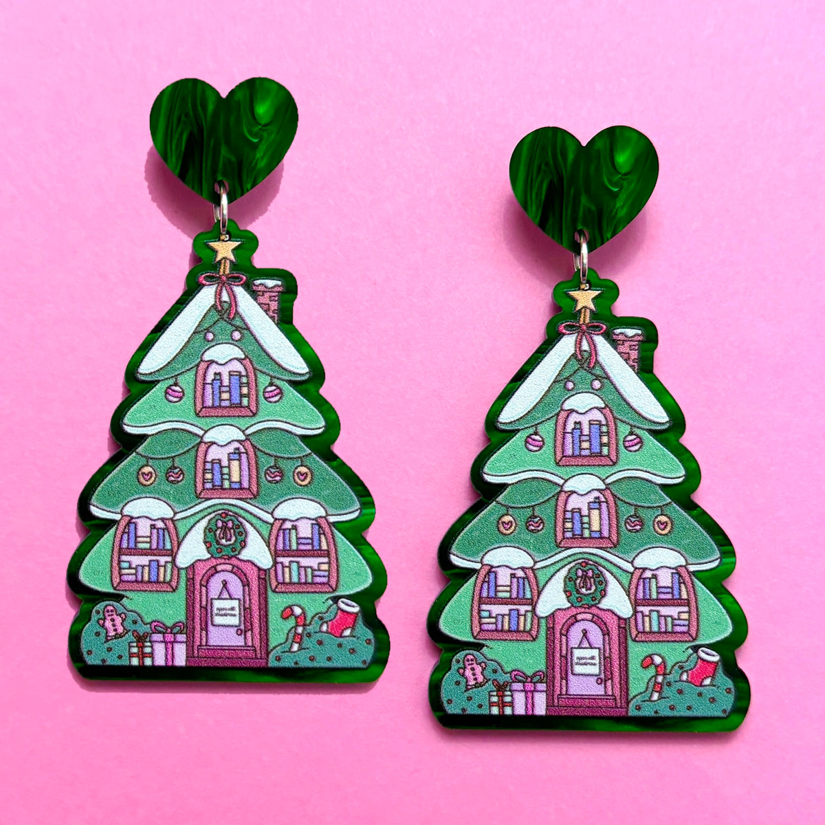 Bookmas Tree Cottage Drop Earrings