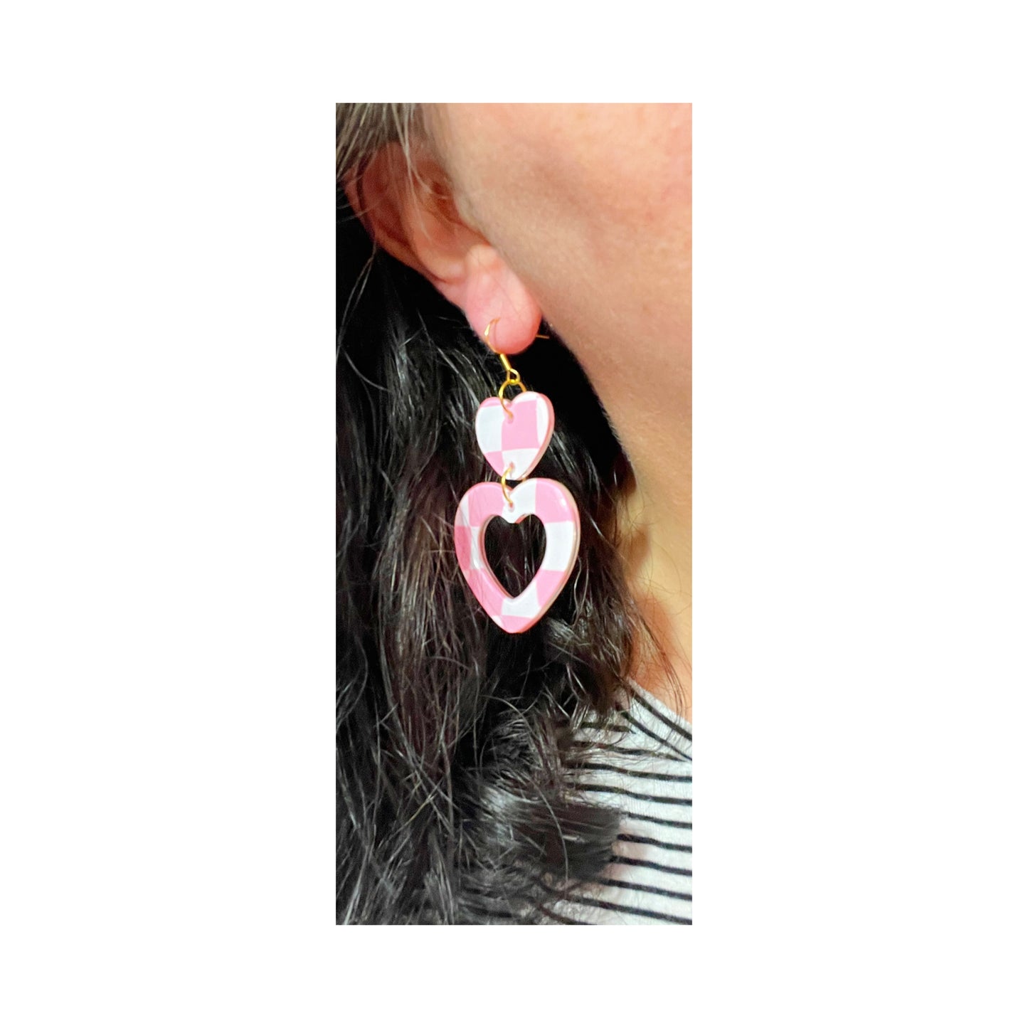 Pink & White Checkered Heart Drop Earrings