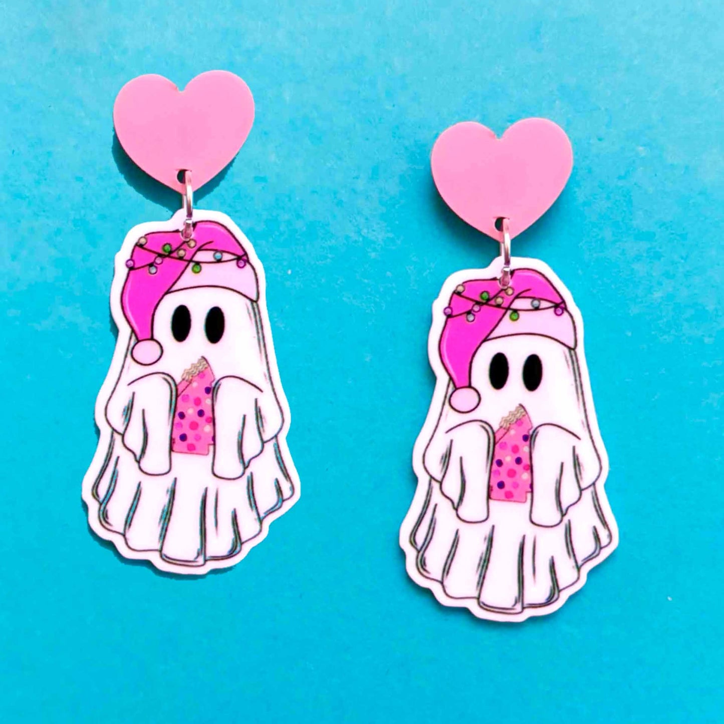 Pink Santa Hat Ghost Drop Earrings