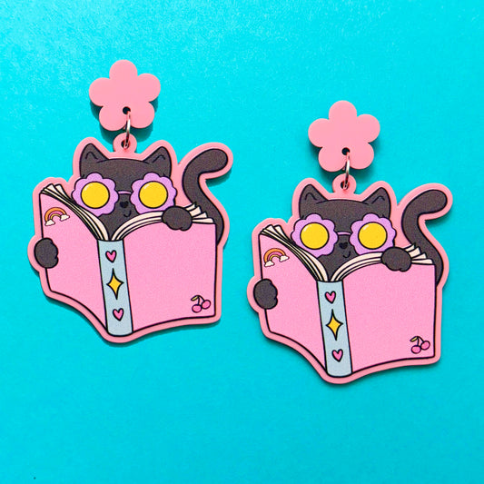 Groovy Bookish Cat Drop Earrings