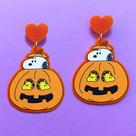 Pumpkin Beagle & Bird Drop Earrings