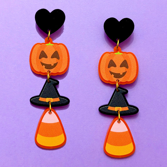 Pumpkin, Witch Hat, Candy Corn Tiered Drop Earrings