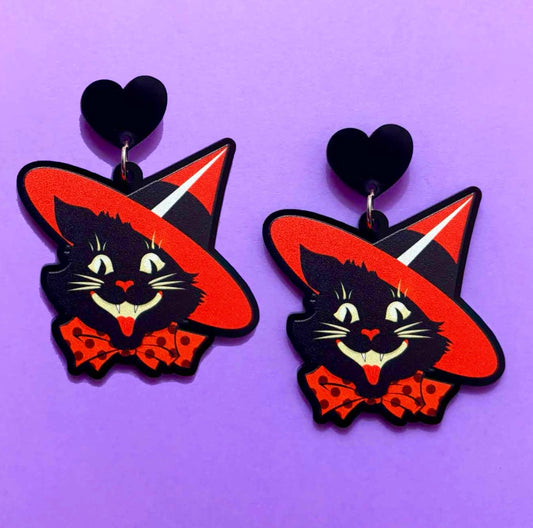 Retro Witchy Cat Drop Earrings