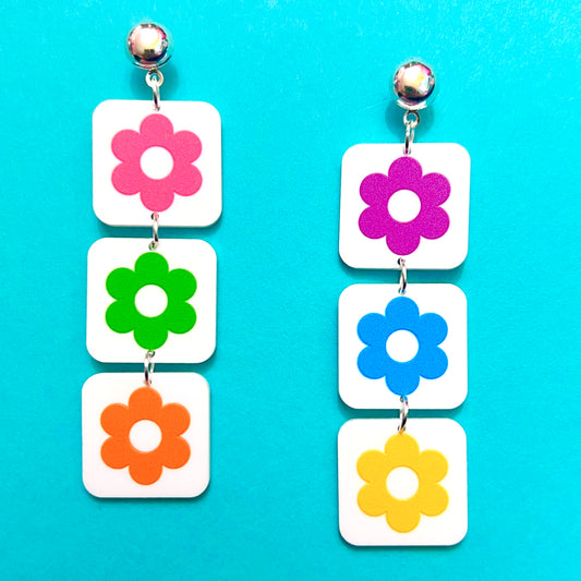 Multi Color Retro Flower Square Drop Earrings