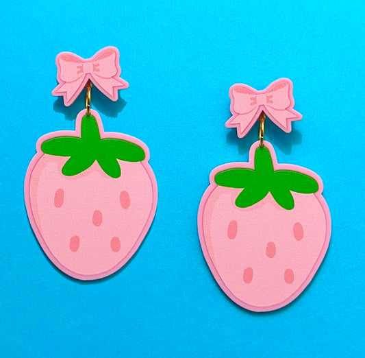 Pastel Strawberry Bow Drop Earrings