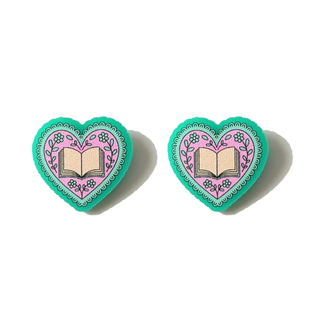 Mint Bookish Heart Post Earrings