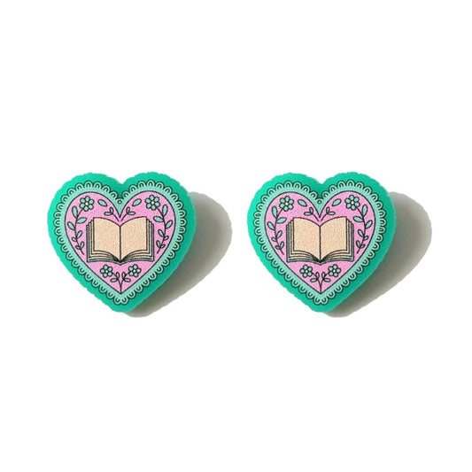 Mint Bookish Heart Post Earrings