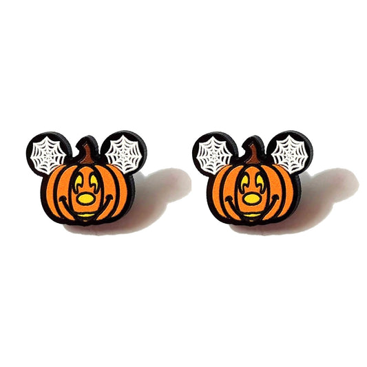 Mouse Pumpkin Spiderweb Ears Jack-O-Lantern Post Earrings