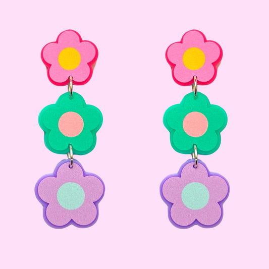 Pastel Retro Flower Tiered Drop Earrings
