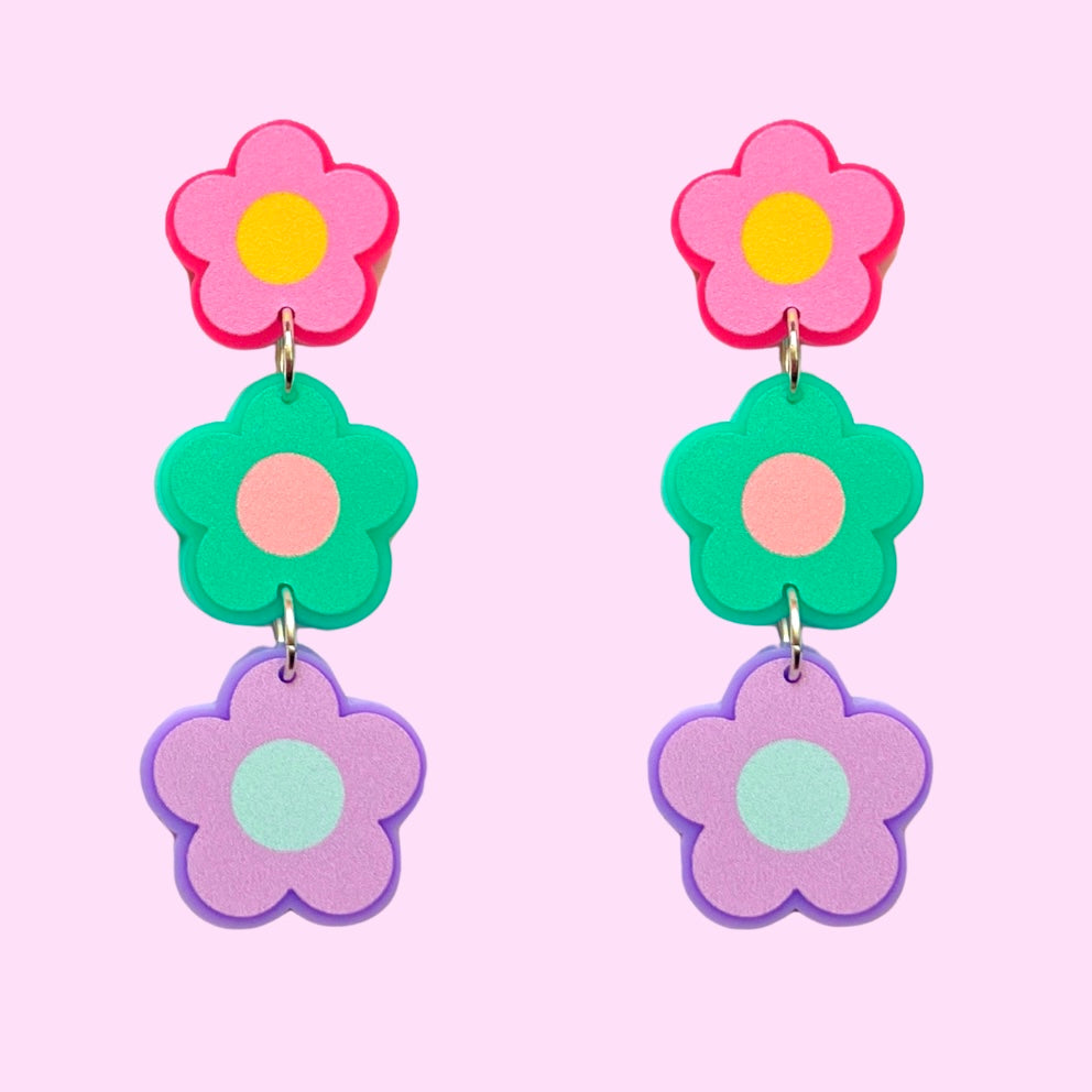 Multi Color Retro Flower Tiered Drop Earrings