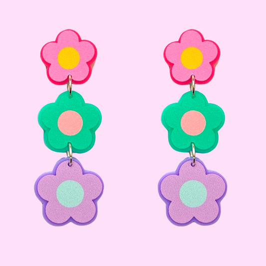 Multi Color Retro Flower Tiered Drop Earrings
