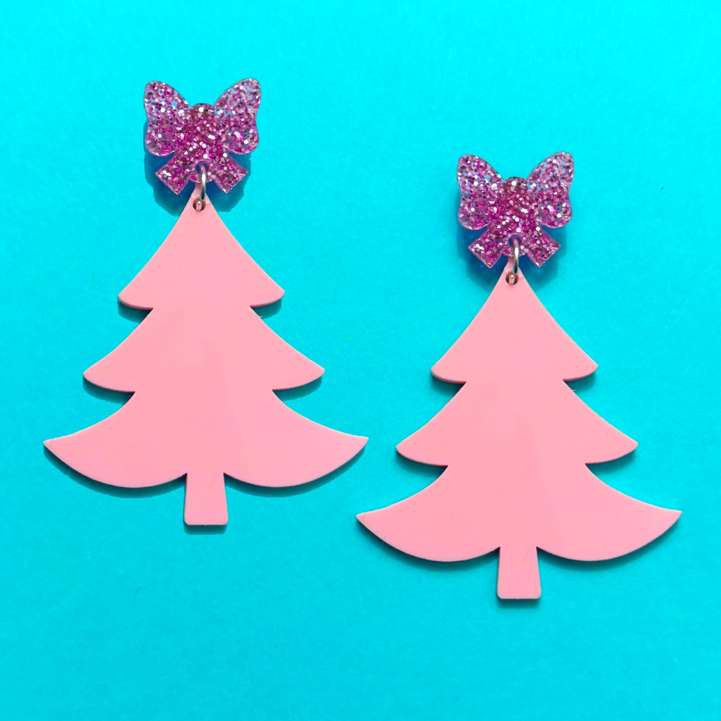 Pinkmas Bow Tree Drop Earrings