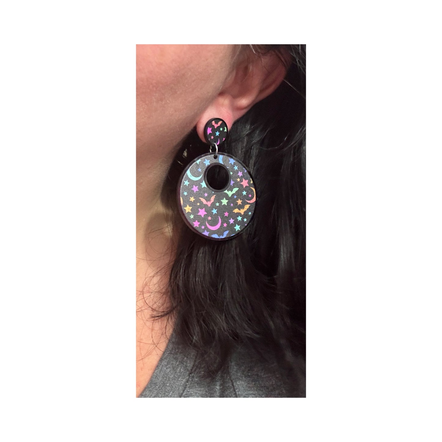 Neon Bat Print Round Drop Earrings