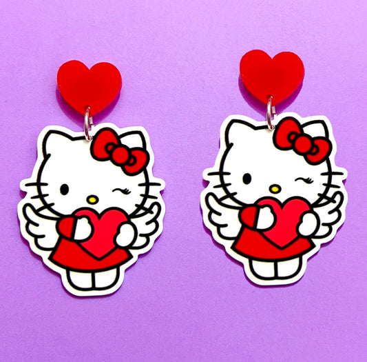 Kitty Angel Heart Drop Earrings