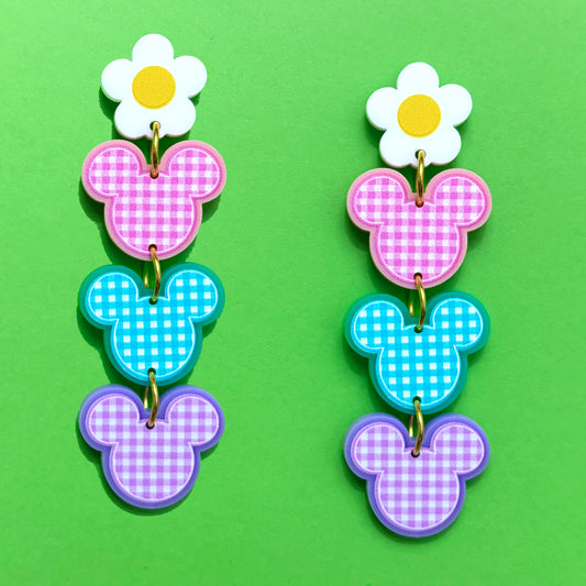 Pastel Gingham Mouse & Daisy Tiered Drop Earrings