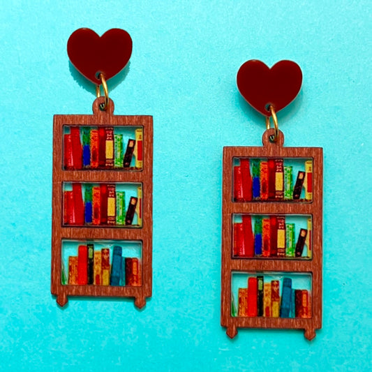 Small Wooden Bookshelf Drop Earrings
