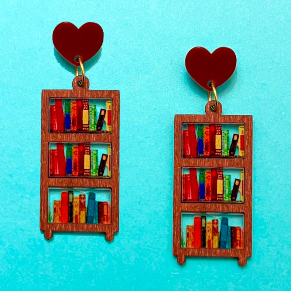 Wooden Bookshelf Drop Earrings