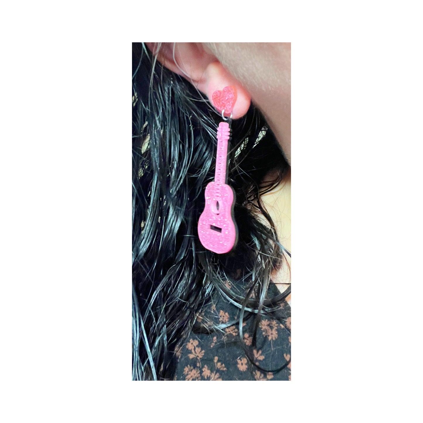Pink Glitter Guitar Earrings