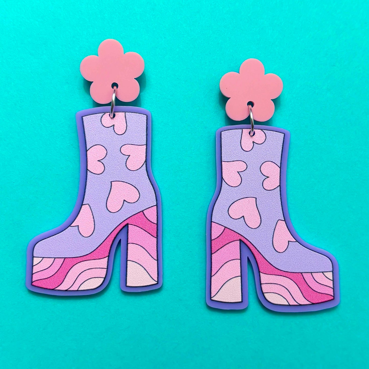 Retro Heart Print Platforms Drop Earrings