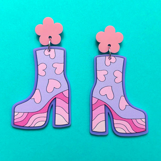 Retro Heart Print Platforms Drop Earrings