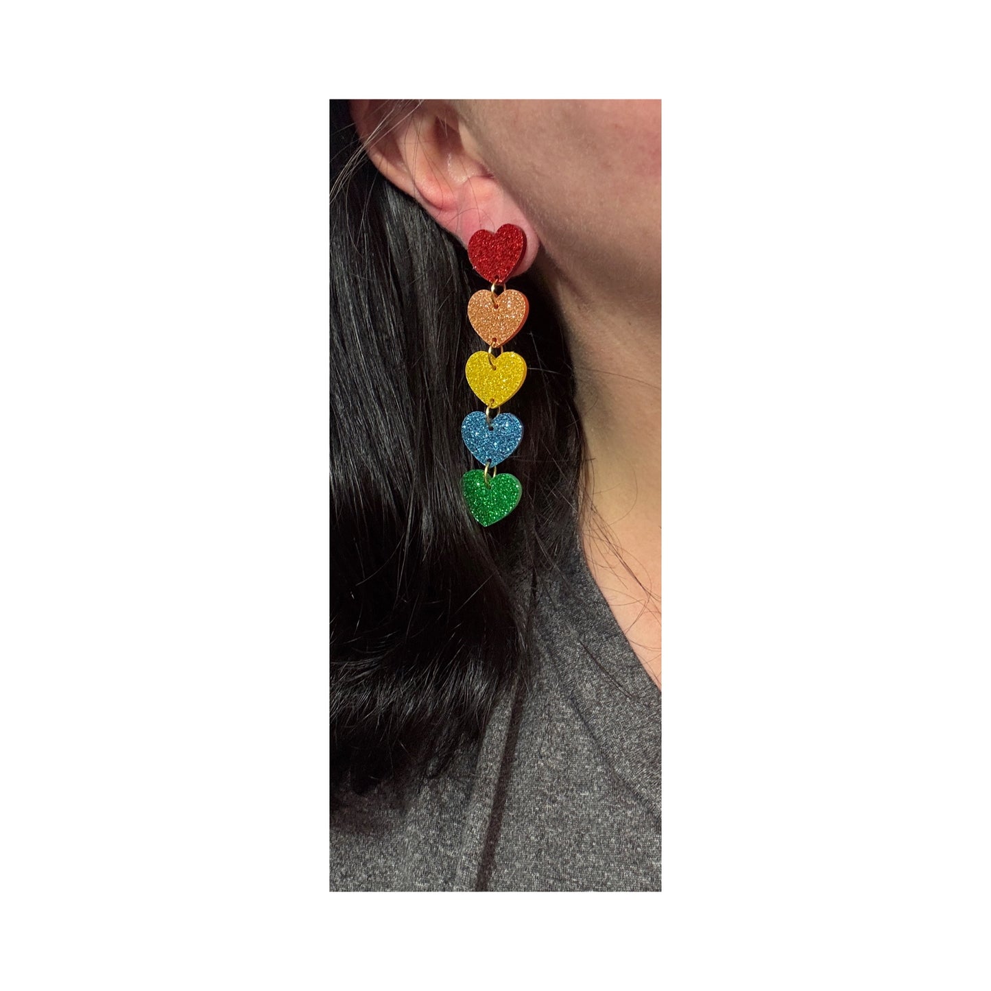 Rainbow Heart Glitter Tiered Drop Earrings