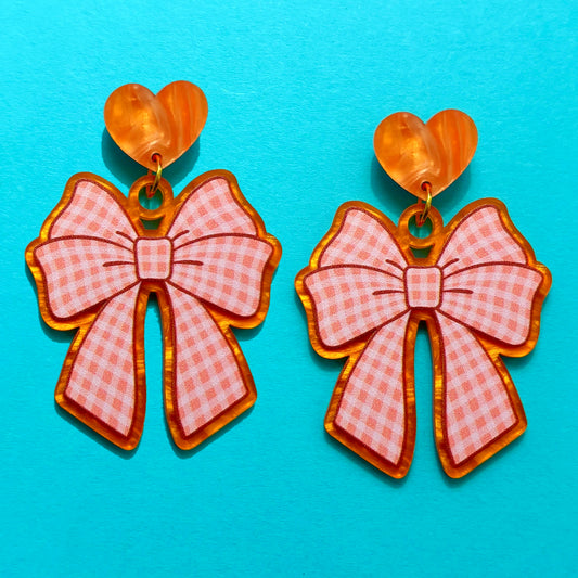 Orange Gingham Bow Drop Earrings