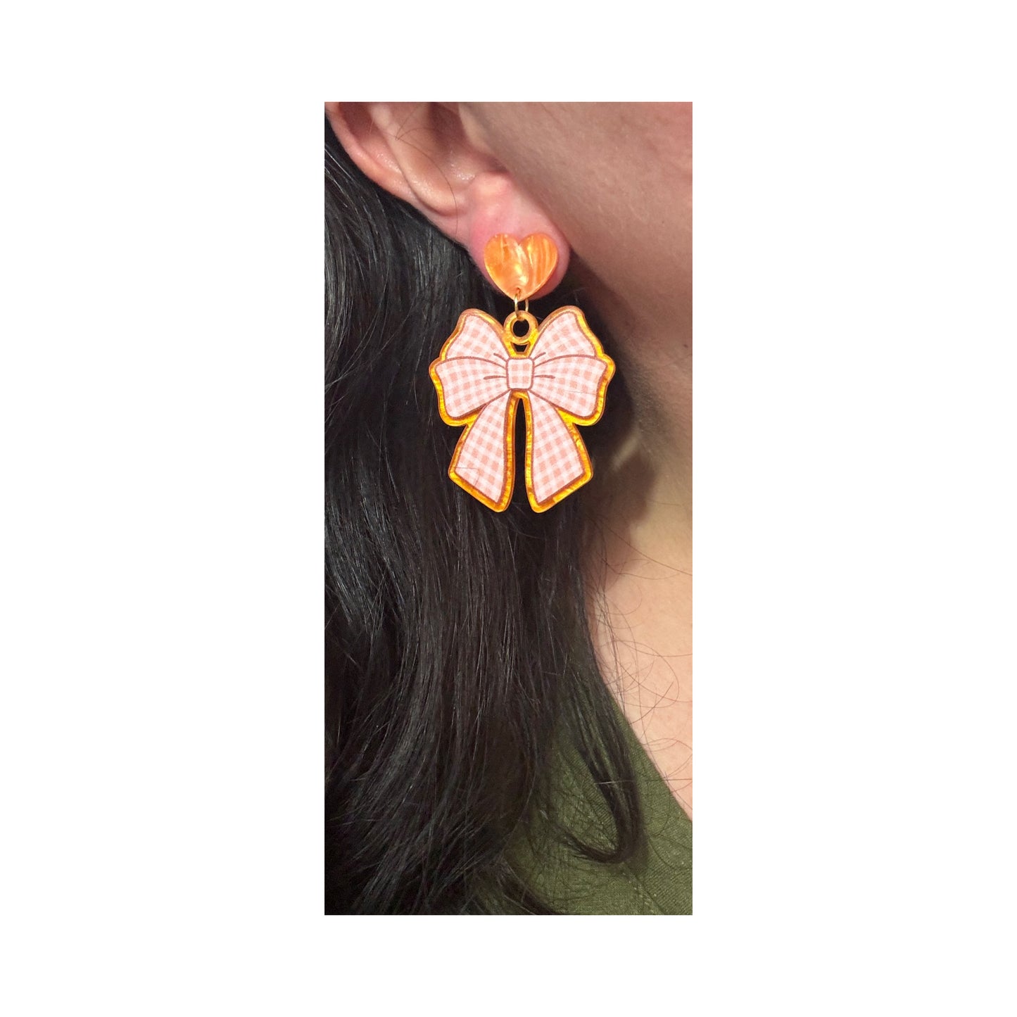 Orange Gingham Bow Drop Earrings