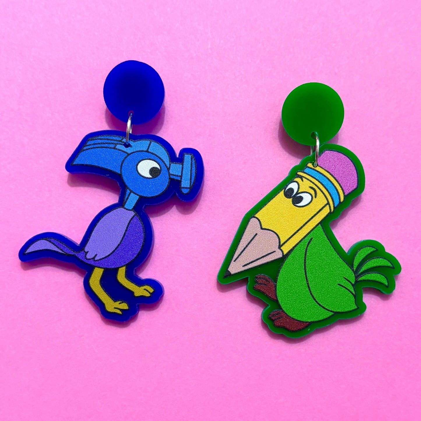 Pencil & Hammer Bird Drop Earrings