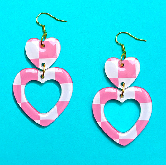 Pink & White Checkered Heart Drop Earrings