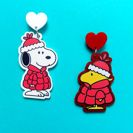 Puffy Coat Beagle & Bird Drop Earrings