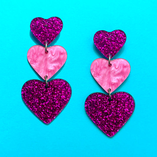 Pink Glitter Heart Tiered Drop Earrings