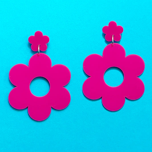 Hot Pink Retro Flower Drop Earrings