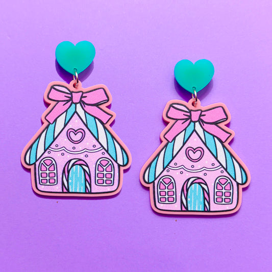 Pink Coquette Gingerbread House Drop Earrings