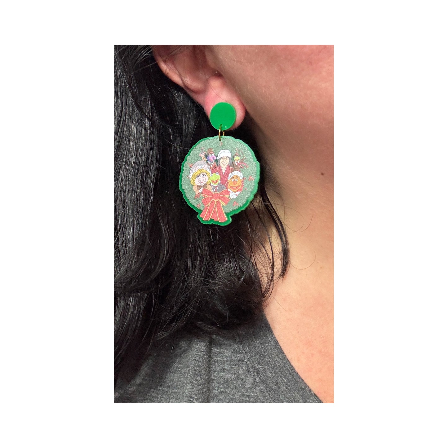 Puppet Christmas Carol Wreath Drop Earrings