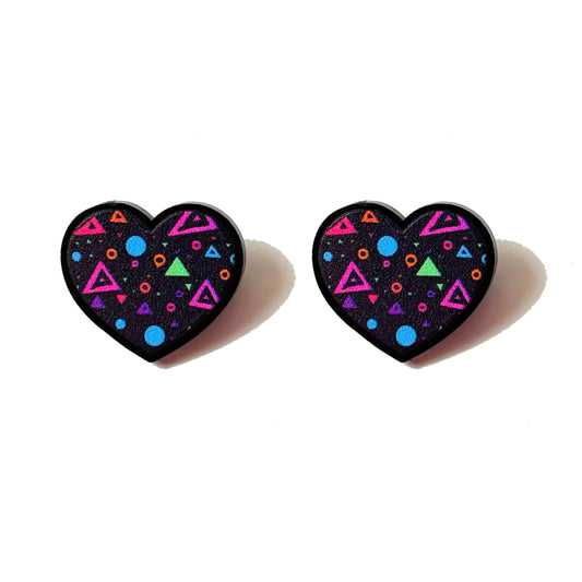 90s Neon Geometric Print Heart Post Earrings