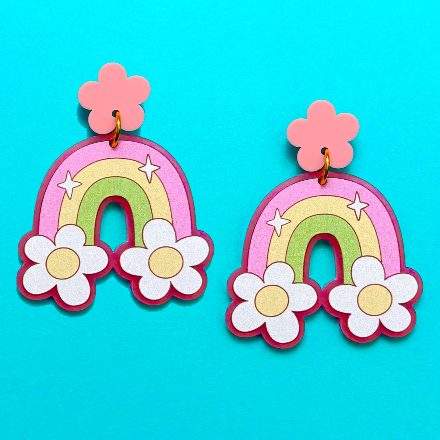 Pink Twinkle Daisy Rainbow Drop Earrings