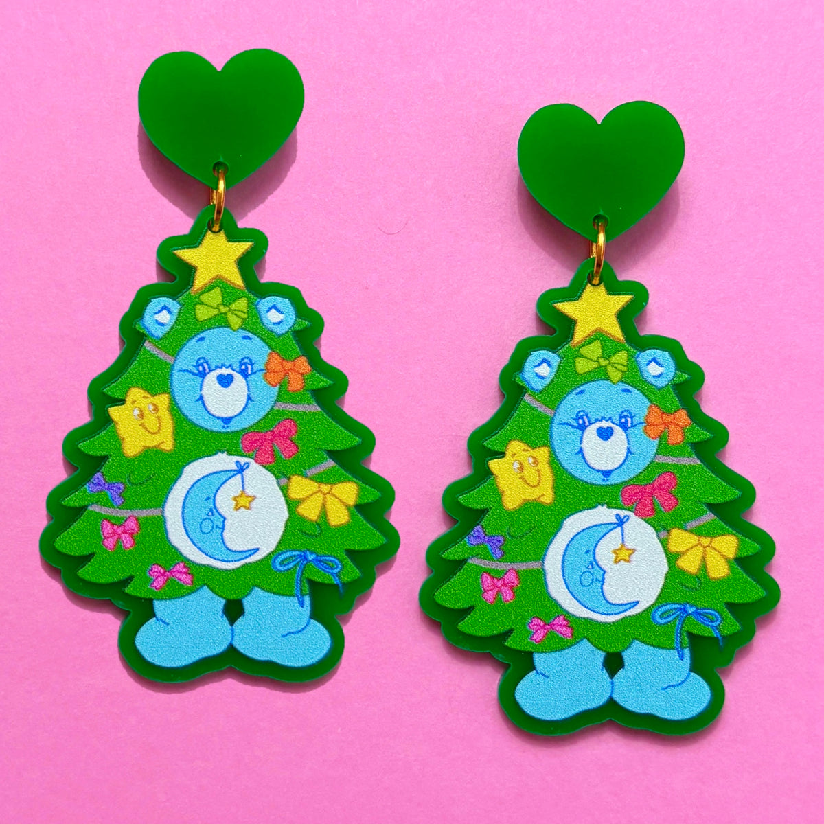 Christmas Tree Rainbow Bear Drop Earrings